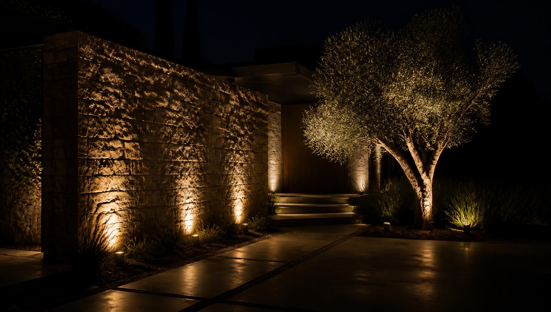 Stone wall and olive tree grazed by warm Lumiq landscape spotlights at night